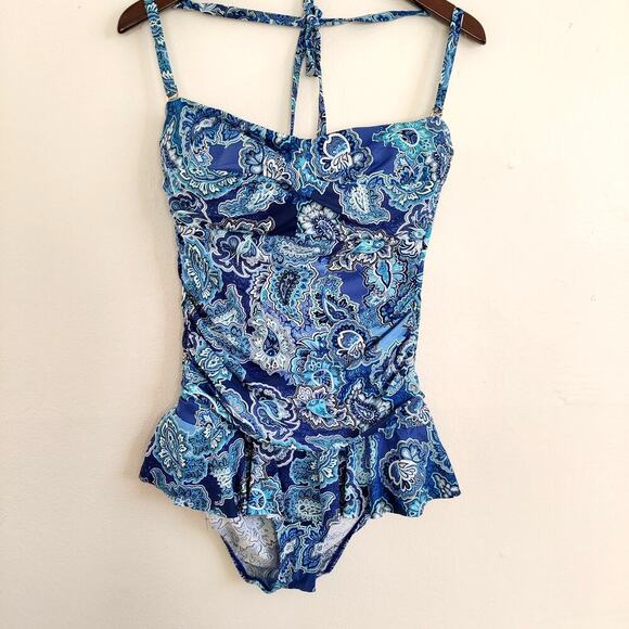 Ralph Lauren Blue Paisley Underwire One Piece Swimsuit Size 16 Captiva Bandeau - Picture 2 of 11